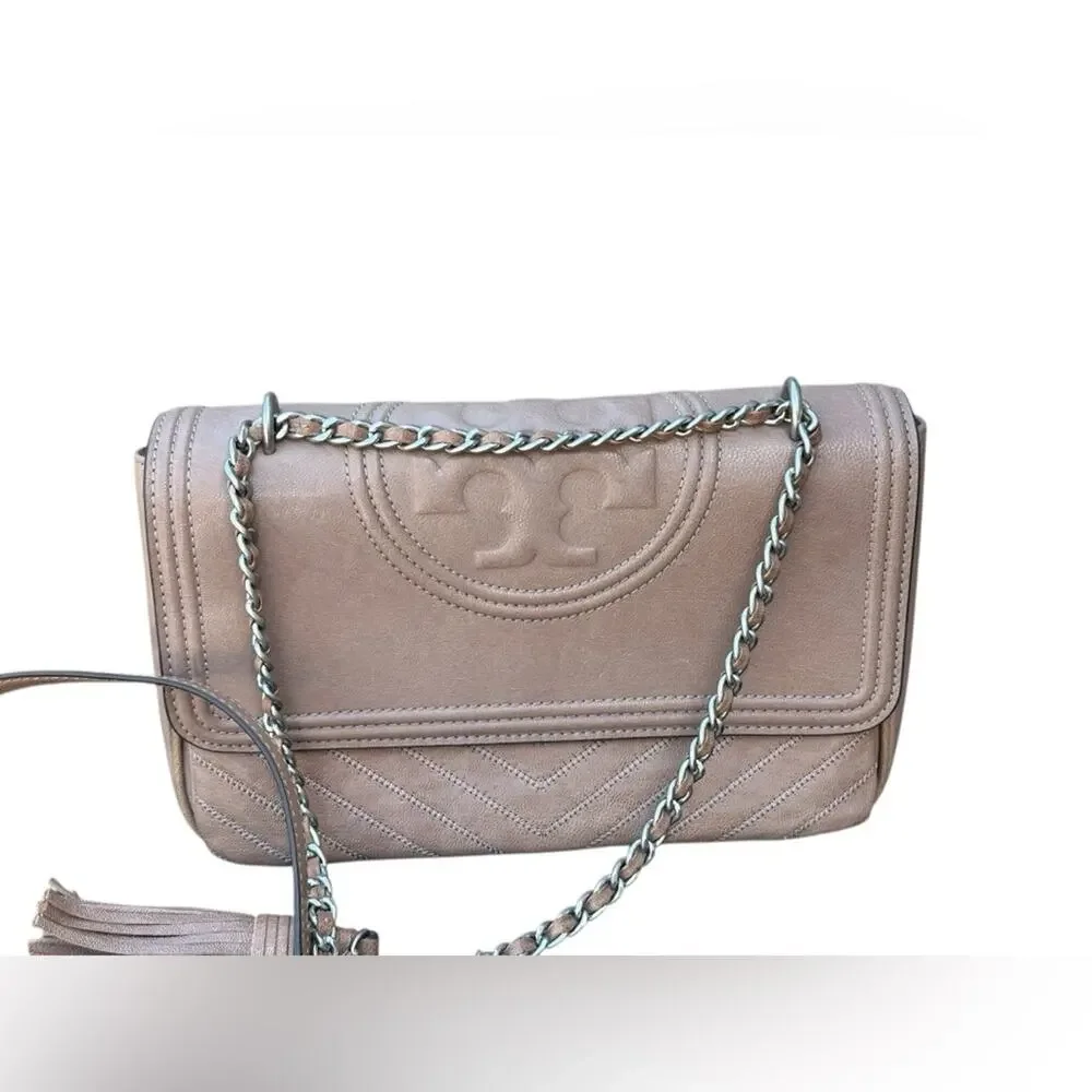 Tory Burch Tan Leather Silver Accent Shoulder Crossbody Bag